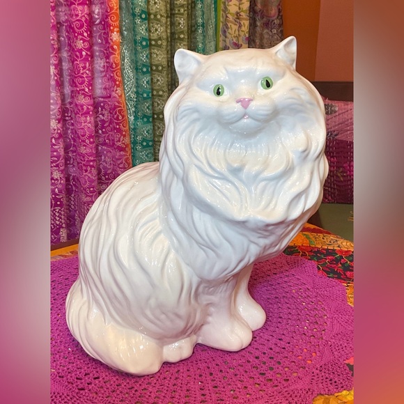 Vintage MCM Ceramic White Persian Cat With Green Eyes - Picture 2 of 13